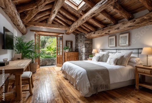 A small bedroom with a sloping wooden ceiling, white walls, and a large window in the corner of an old house