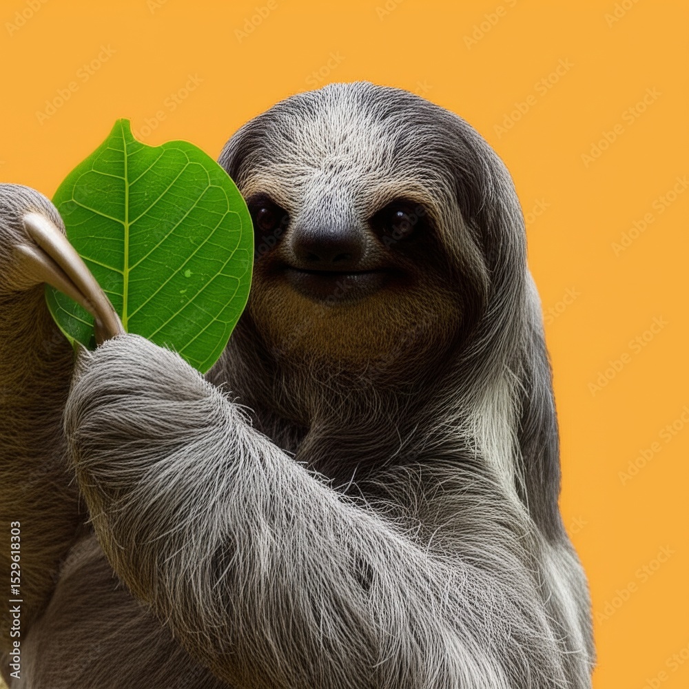 Fototapeta premium Smiling Sloth Holding a Green Leaf in its Paws