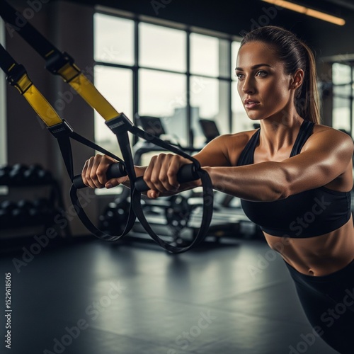 young and fit woman in the professional gym with suspensor trainer, determined and sweaty face, 