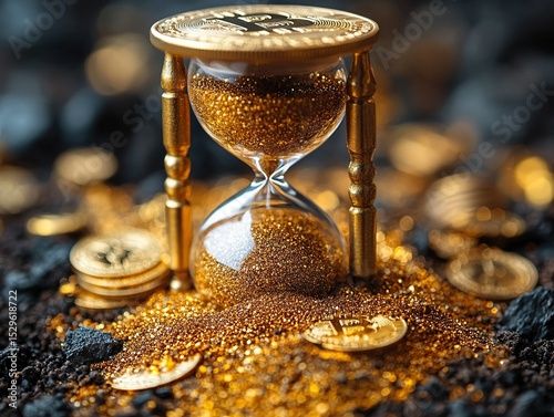 Gold Coin Hourglass Balance Time Symbolism, Wealth Patience Concept Still Life
