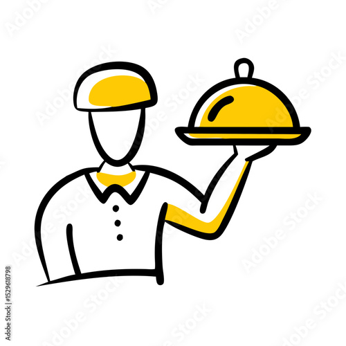 Waiter holding covered dish on tray in simple flat design  