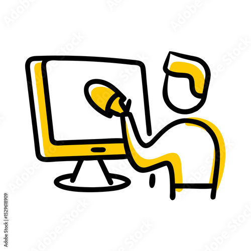 Man cleaning a computer monitor with a cloth in a minimalist style  