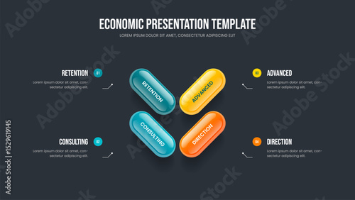Corporate Portfolio Slideshow Layout Vector Illustration. Financial Performance Four Element Infographic Slide Template. Creative Showcase 4 Step Diagram Presentation Design.