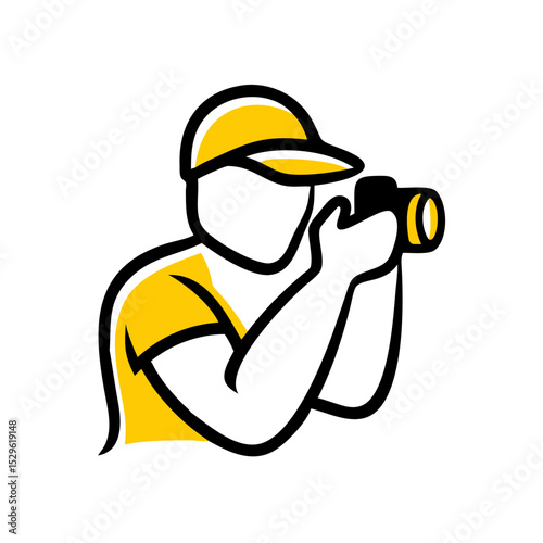 Photographer holding camera in yellow shirt and cap, logo style  