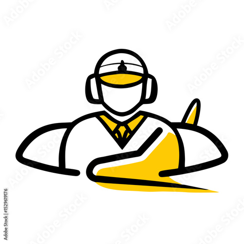Pilot illustration with headset and airplane silhouette in yellow  