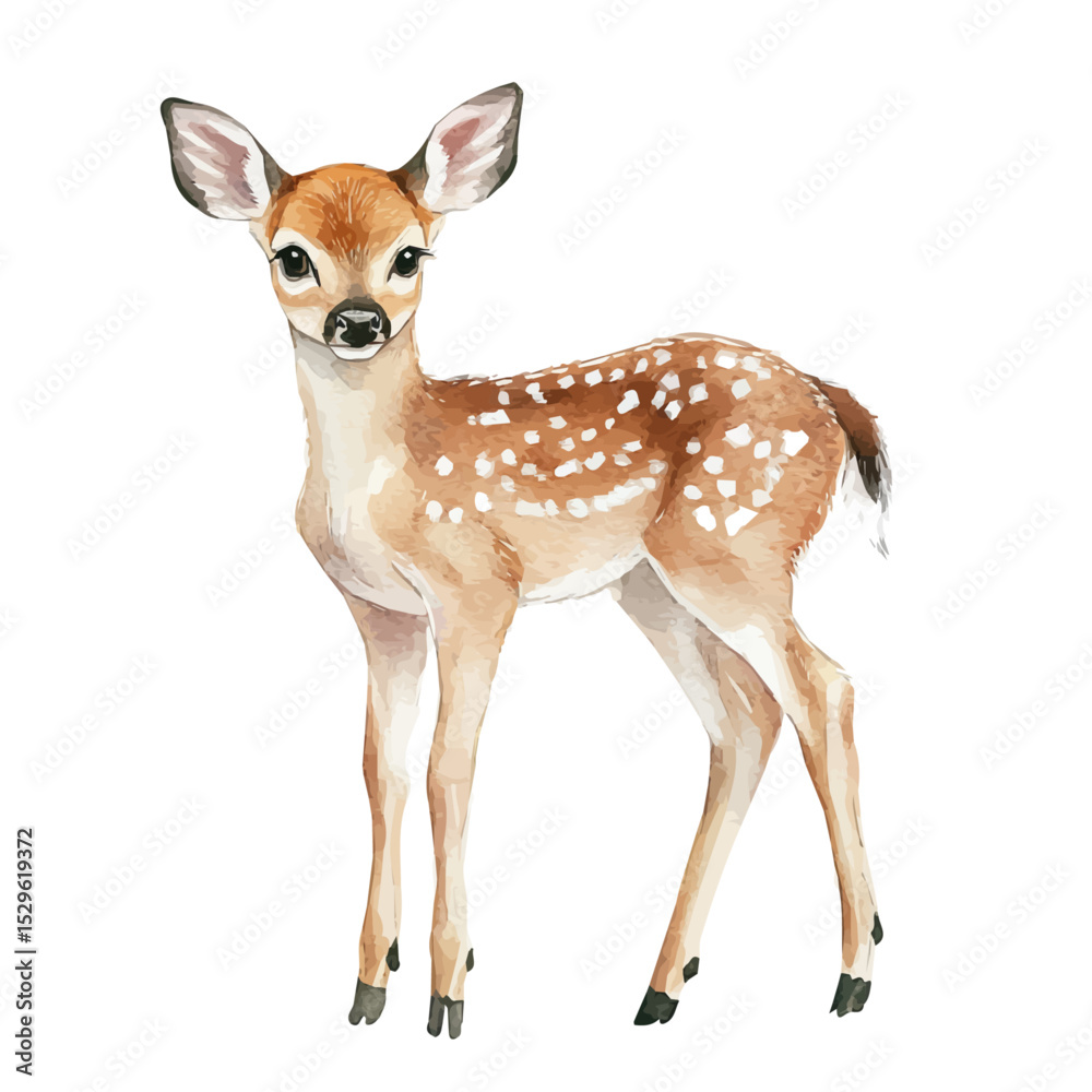 Fototapeta premium Baby Deer Forest Edge, watercolor drawing vector, high quality, isolated on a white background.