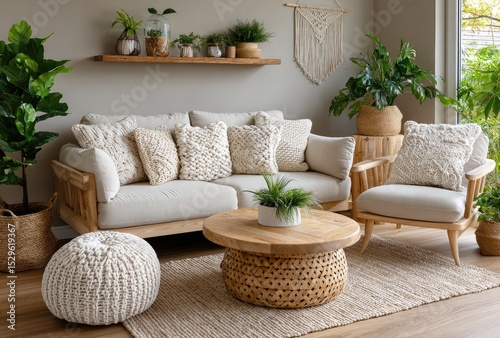 Beige sofa with green pillows and a wooden shelf in the boho interior of a living room