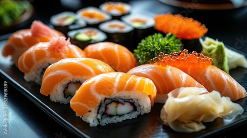Various sushi pieces arranged on a black plate, including salmon nigiri, salmon rolls, and other types with garnishes. 