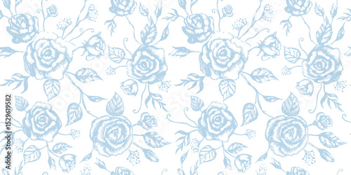 French vintage Floral seamless antique pattern with roses and leaves in blue color. Toile de jouy endless background for greeting, baby shower, wedding,  birthday, invitation cards. Vector illustratio