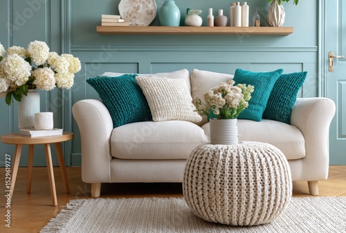 Beige sofa with green pillows and a wooden shelf in the boho interior of a living room