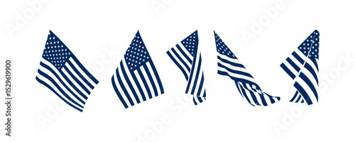 Monochrome USA flags on poles in different angles and wind positions. American flag silhouettes in waving motion. Vector set isolated on white for patriotic poster and banner design