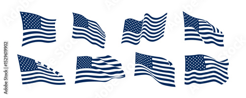 Monochrome waving USA flags in different shapes and wind directions. American flag icons in blue silhouette style. Vector set isolated on white for patriotic design and banner