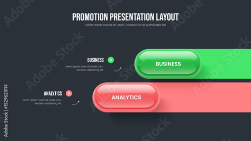 Project Solution Two Element Infographic Presentation Template. Advertising Performance 2 Step Diagram Slideshow Layout. Sales Insight Slide Design Vector Illustration.