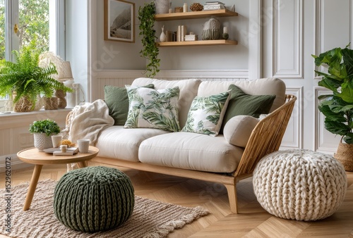 Beige sofa with green pillows and wooden shelf in a boho-style interior of a living room at home
