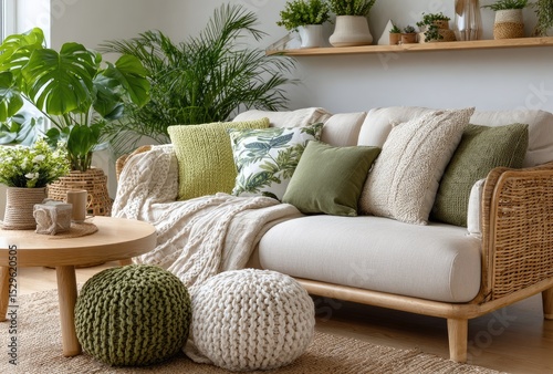 Beige sofa with green pillows and wooden shelf in a boho-style interior of a living room at home