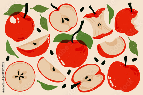 Red apples. Fresh apple fruits with leaves, ripe apples whole and cut pieces, abstract tropical fruit with leaf, peel, natural organic sweet sour ingredients. Vector risograph set