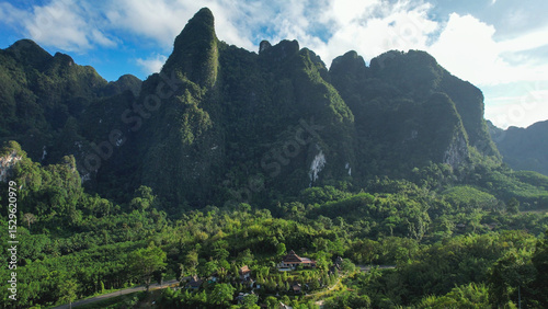 Canvas Print Aerial view of limestone mountains and greenery rainforest in Khao Sok, Surat Th