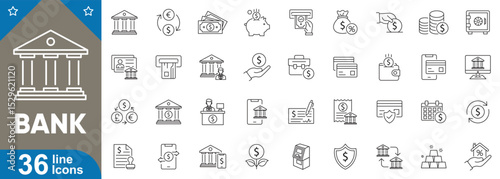 Bank icons set. 36 editable linear symbols representing finance, ATM, credit cards, online banking, money transfer, savings, loans, secure payment and more. Vector illustration
