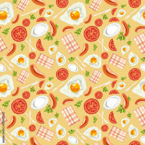 Vector Seamless Pattern with Fried Eggs, greens nd tomatoes Healthy Breakfast pattern