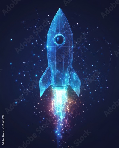 Digital Low Poly Rocket Launch with Glowing Blue Wires and Particles