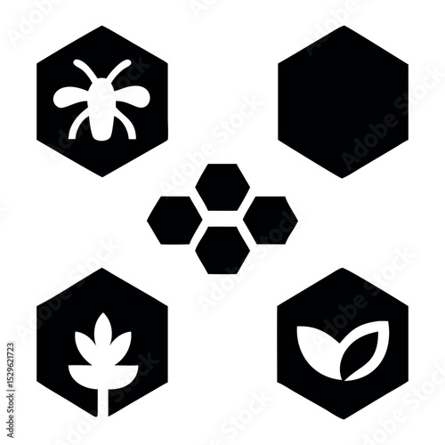 honeycomb graphic with bee flower and leaf icons