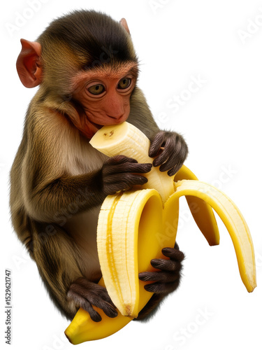 A cute monkey eating a ripe yellow banana, transparent background png