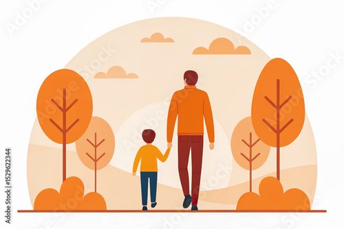 Sentimental Father's Day: A Celebration of Love. father and son walk hand hand through serene landscape filled with trees, expressing love