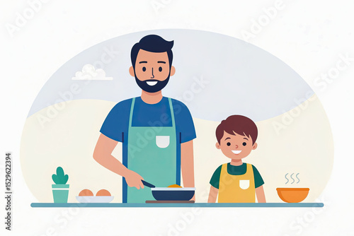 Sentimental Father's Day: A Celebration of Love. Father and son share love in kitchen on this sentimental day while cooking together
