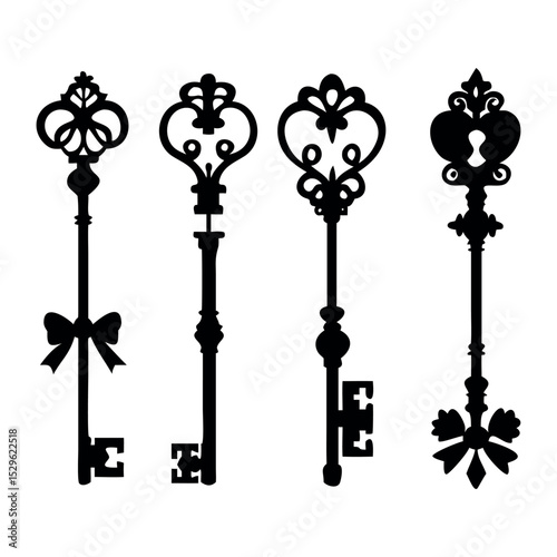 four ornate antique skeleton keys silhouette