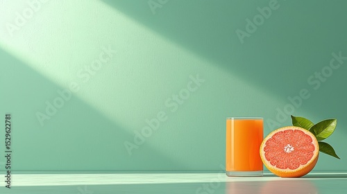 Orange juice glass and grapefruit slice on mint green tabletop. Minimal studio scene with soft shadows and copy space. Freshness and wellbeing for modern branding. Ideal for ads and packaging.