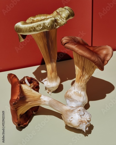 Three surreal mushrooms with glossy hats on geometric background. Conceptual still life with warm light and sculptural organic forms.