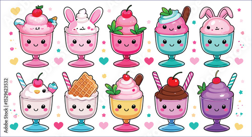 Cute Cartoon Ice Cream Sundaes With Kawaii Faces And Hearts Design