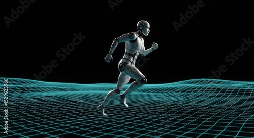 3d Robot Running Over a Digital Wave Grid on Black Background