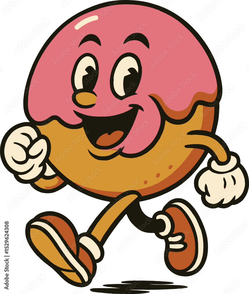 Fototapeta premium Cheerful Cartoon Donut Mascot Running Energetically