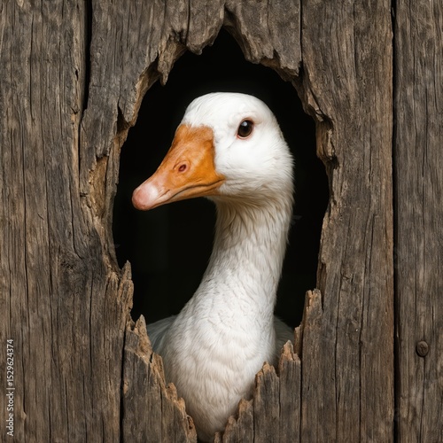 A white goose peeks through a jagged hole in a weathered wooden wall, its orange beak and attentive eyes contrasting with the rough texture of the wood