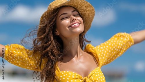 A happy woman in a yellow dress and sun hat with arms outstretched, enjoying the summer against a blue sky