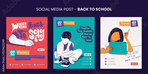 Back to school. set of social media post banner with school illustration in flat cartoon design
