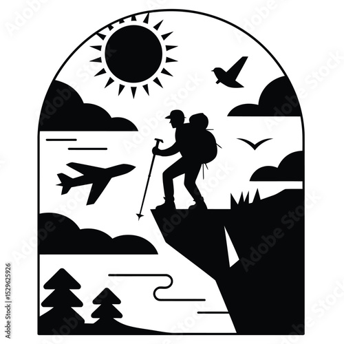 Abstract black and white composition of a hiker symbolizing adventure and travel