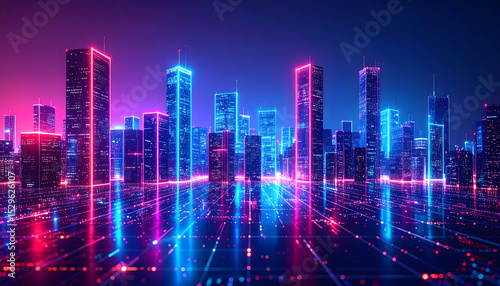 Wallpaper Mural A stunning futuristic city skyline at night, illuminated by vibrant neon blue and pink lights reflecting on a digital ground Torontodigital.ca
