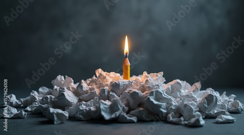 Academic Pressure - Conceptual image of a melting pencil over crumpled papers, representing burnout in a moody low-light setting.