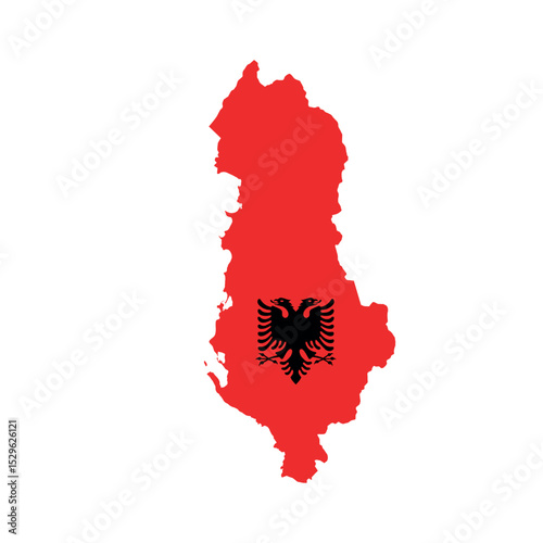 Map of Albania with flag, sign silhouette. World Map Globe. Albanian national symbol in official colors. Template icon. Vector Illustration isolated on white background. Europe continent.