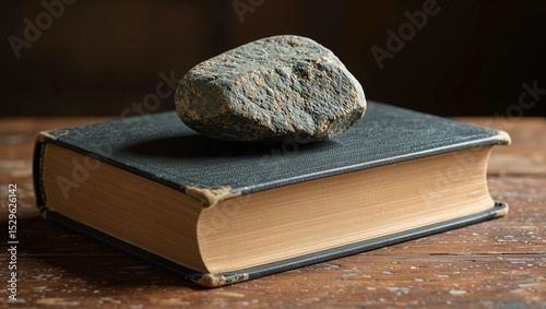 Academic Pressure - A closed book with a heavy rock symbolizes academic burden, resting on a worn wooden desk, illustrating the weight of knowledge and study.