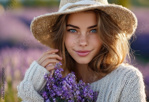 A woman in her thirties, plus-size body type with dark hair and big hat wearing white sleeveless top posing for photo while holding lilac flower near the face