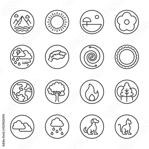 nature icon line set. editable stroke.  circle vector illustration ,nature, summer, sky, flowers, dog, cat, wate, clouds