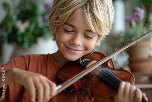 A happy child playing the violin in an elegant room, with soft lighting and a blurred background.