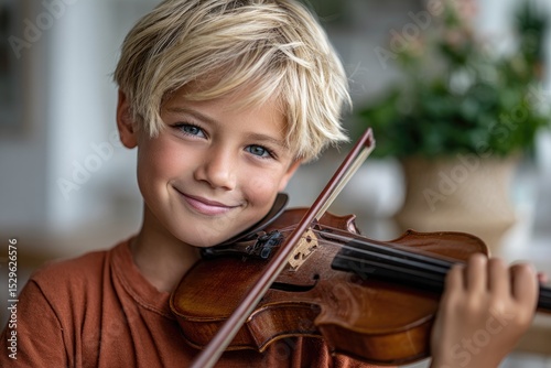 A happy child playing the violin in an elegant room, with soft lighting and a blurred background.