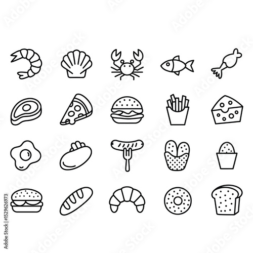 Collection of 20 hand-drawn doodle icons showcasing a variety of food items from seafood to baked goods