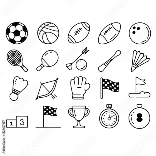 Collection of 20 hand-drawn doodle icons showcasing a variety of sports and related equipment