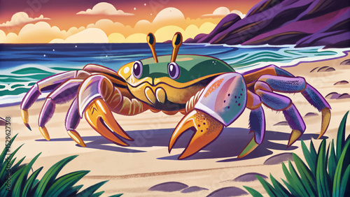Cartoon crab walking sideways on a sunny sandy beach playful vector illustration for summer, seaside, marine life, vacation, and tropical beach themes