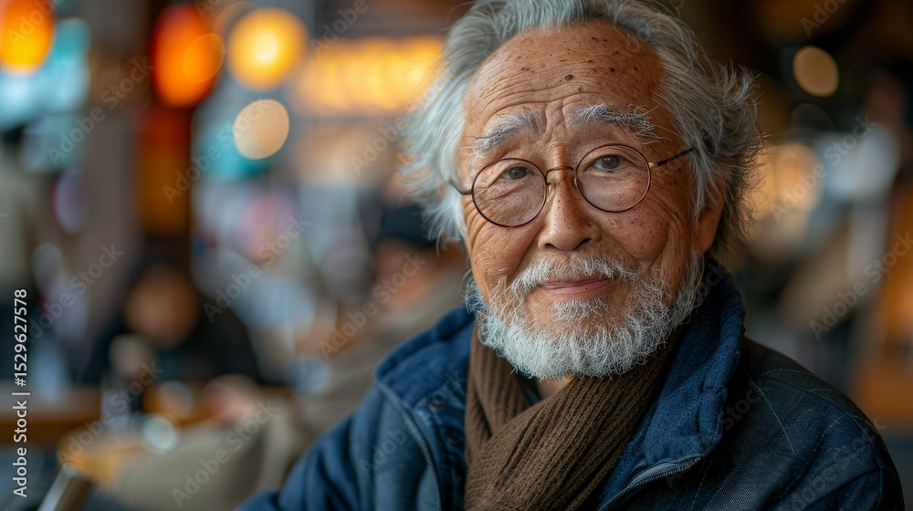 An elderly man with glasses, gray hair, and a beard exudes warmth with his smile in a lively cafe filled with soft bokeh lights creating an inviting atmosphere. An elderly man with glasses, gray hair, and a beard exudes warmth with his smile in a lively cafe filled with soft bokeh lights creating an inviting atmosphere.